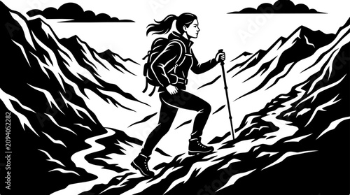 Quadro su tela Woman hiker with backpack and trekking pole climbs a mountain trail