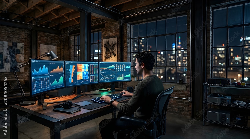 Obraz premium Man working on multi-monitor financial charts in dark modern home office