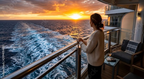 Woman relaxing on a cruise ship balcony watching a golden sunset at sea