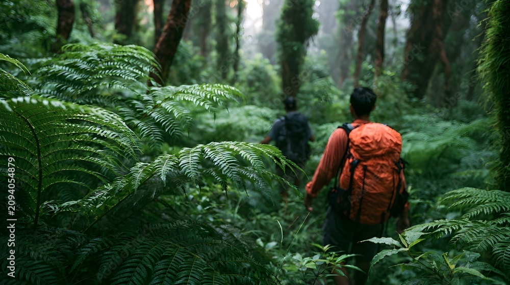Fototapeta premium Two hikers with backpacks trek through a lush green jungle filled with towering trees and giant ferns under misty conditions
