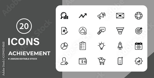 Editable stock achievement icons set for business and productivity use