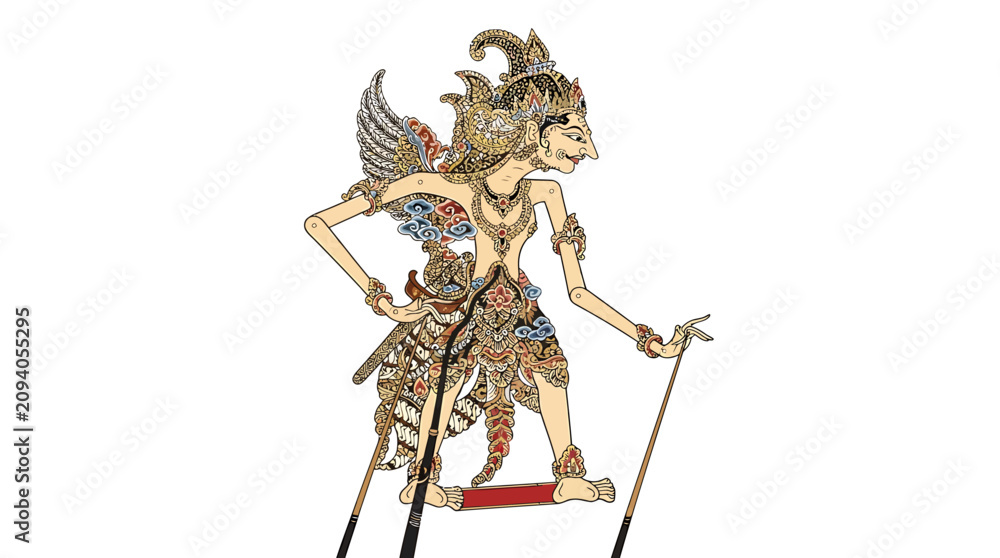 Fototapeta premium Traditional Indonesian Wayang Character Dancing with Sticks in Theatrical Performance