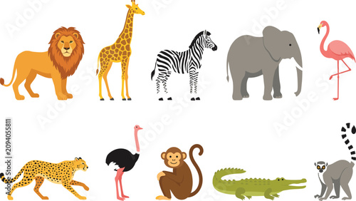 Canvastavla African animal illustration set with lion, giraffe, zebra, elephant, and more