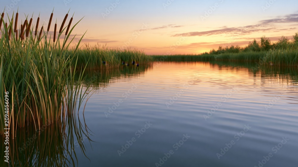 Obraz premium Serene Lakeside Sunset with Cattails and Calm Water Reflecting the Sky