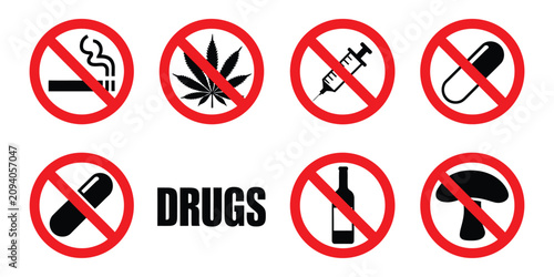 Canvastavla Say no to drugs vector icon collection, prohibition symbols for cigarettes, alco