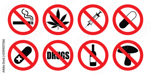 Konstfotografi Say no to drugs vector icon collection, prohibition symbols for cigarettes, alco