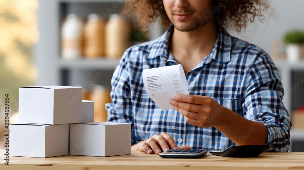 Fototapeta premium Young Small Business Owner Man Reviewing Receipts and Boxes for Shipping and Inventory Management