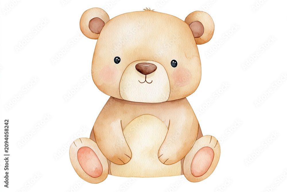 Fototapeta premium Adorable Watercolor Teddy Bear Sitting Illustration for Children's Books and Designs