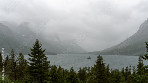 Overcast Lake with Mountain Backdrop