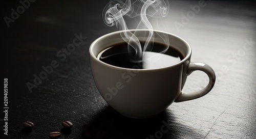 Black coffee in white mug with rising steam.