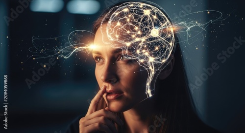 Woman with glowing digital neural network brain overlay.
