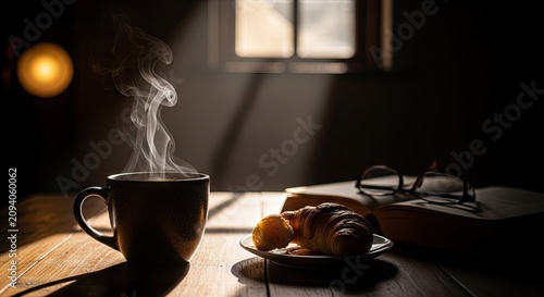 Steaming coffee mug and croissant on wooden table.