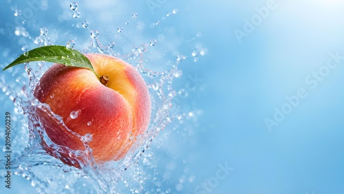 青い背景に爽快な水しぶきと桃の果実 / Refreshing water splash with peach on blue background (Generative AI)