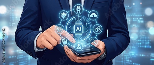 Business professional engaging with a smartphone showcasing ai technology symbols that embody digital transformation and innovation in contemporary business settings