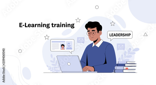 Man studying leadership skills online through e-learning training, gaining knowledge from digital resources and books.