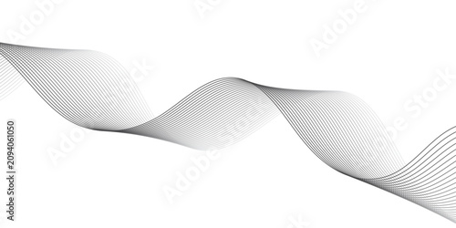Abstract modern gray and black flowing wave pattern with intertwining linear curves, digital frequency soundwave design, and elegant minimalist technology vector graphics.