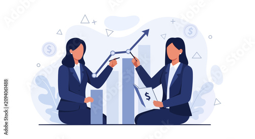 Two businesswomen collaborating on financial growth chart analysis, illustrating teamwork and success in finance.