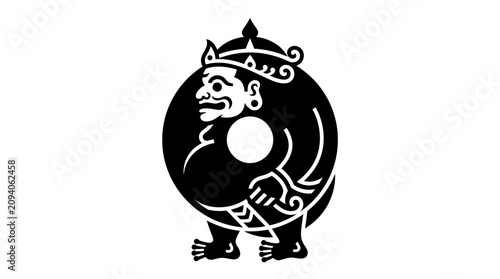 фотографія Black and white illustration of a mythical, rotund creature with a crown and tribal markings