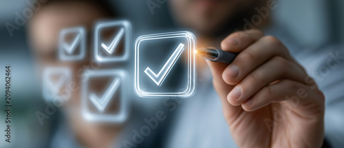 Checking the Box of Success: A businessman meticulously checks off items on a digital to-do list, symbolizing progress and completion in a modern business setting.