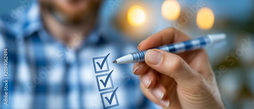 Checklist Completion: A close-up shot shows a hand holding a pen, marking a checklist with three ticks, symbolizing progress and task completion. The blurred background adds a professional.