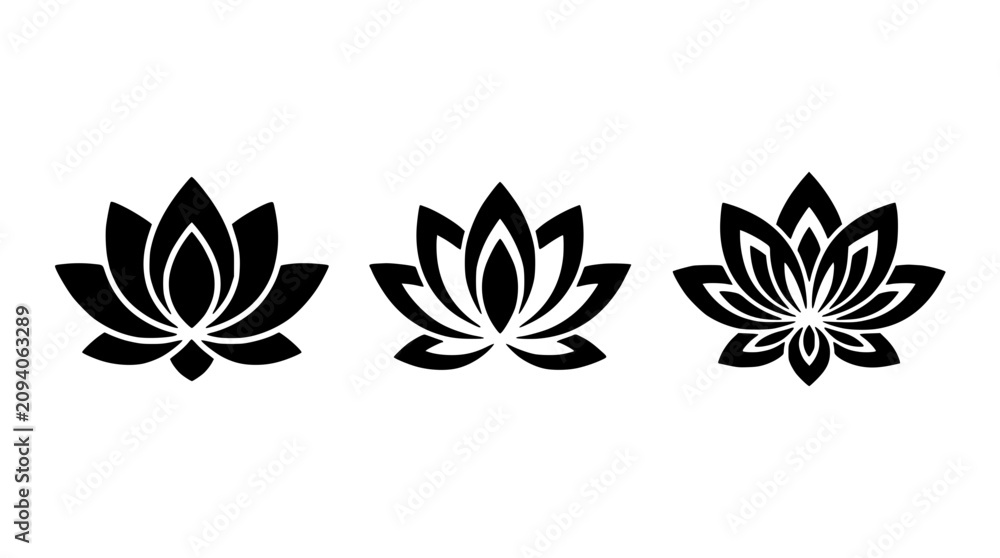 Obraz premium Lotus Flowers in Three Different Stylized Designs with Intricate Details Featuring Flower, Design, Black with White and Outline