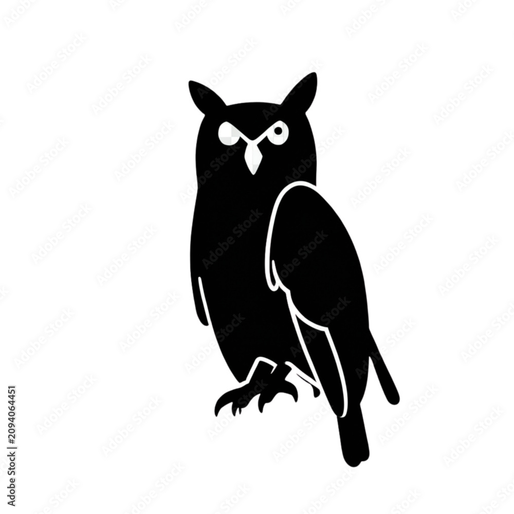 Fototapeta premium Black owl with white eyes perched and staring. Minimalist vector illustration of nocturnal bird in flight-ready pose. Mystical wildlife icon for de...