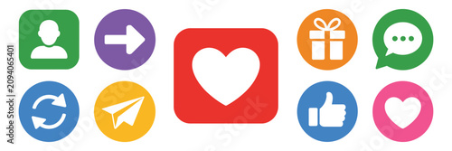 Social media reaction icon collection featuring like, love, heart, thumbs up, repost, comment, share, save and stories buttons, user interface notifications and engagement symbols, modern flat vector