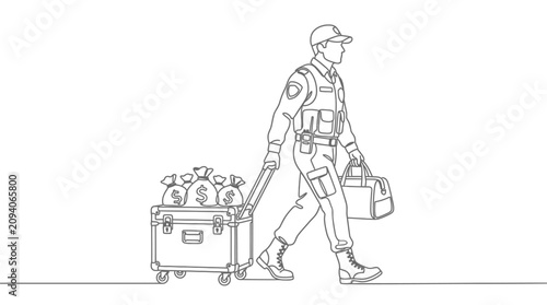 Obraz na plátně Security Guard Pulls Luggage Full of Money Bags