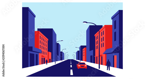 A graphic illustration of a city street with tall buildings, streetlights, a red car, and pedestrians, using one-point perspective.