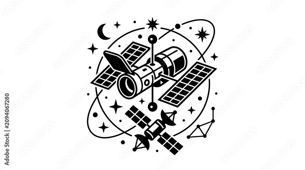 Naklejka premium Space Telescope and Satellite Orbiting Earth, Stars and Moon
