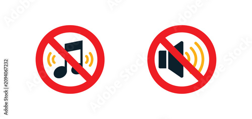 Prohibition icon collection featuring no music, no loudspeaker and no shouting symbols, safety warning and restricted noise signs, public information graphics, modern flat vector illustration isolated