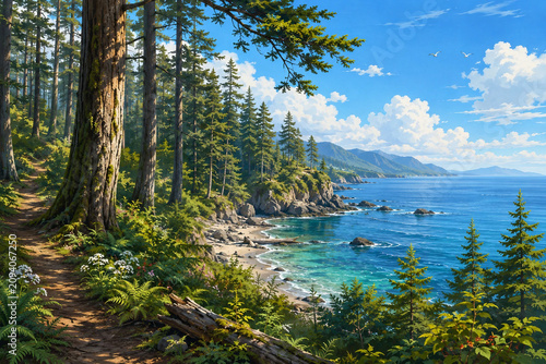 Scenic Coastal Forest Path Overlooking the Blue Ocean.