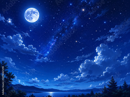 Moonlit Night Sky with Milky Way over Mountain Lake.