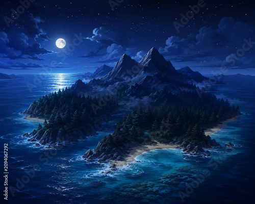 Moonlit Mountain Island Surrounded by a Starry Ocean.