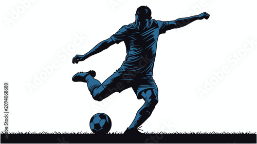 Cuadro en lienzo Soccer player kicking ball vector illustration dynamic blue silhouette action po