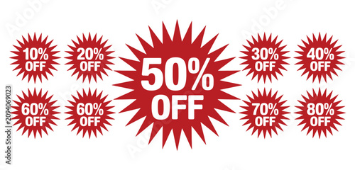 Bild auf Leinwand Red sale tag vector collection featuring discount badges from 10% to 90%, specia