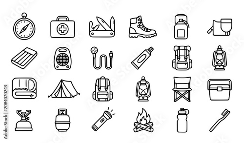 Fotografie Camping supplies outline icon set with sleeping bag air mattress and heater