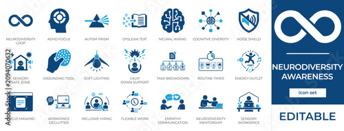 Neurodiversity Awareness Vector Icon Set. Autism ADHD Dyslexia Support Symbols, Sensory Friendly Workplace