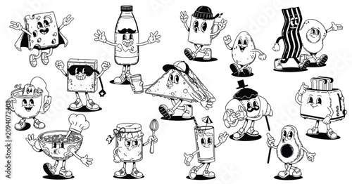 Set of cute cartoon food characters in retro vintage rubber hose style with happy faces and expressive limbs