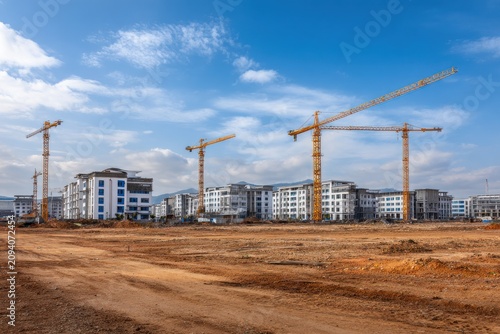 Construction site with multiple tall cranes and unfinished apartment buildings. Concept for urban growth.