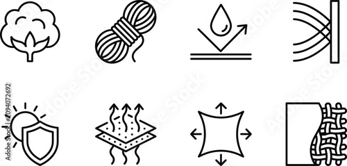 Fabric properties and textile characteristics line art icon set featuring cotton yarn waterproof breathable and stretch vectors