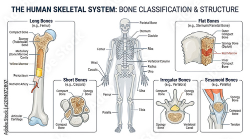 Foto The human skeletal system shows a detailed bone classification and structure diagram
