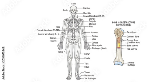 Photos The human skeleton and bone microstructure diagram shows a detailed illustration of the body's skeletal system and a close-up of a bone's internal structure