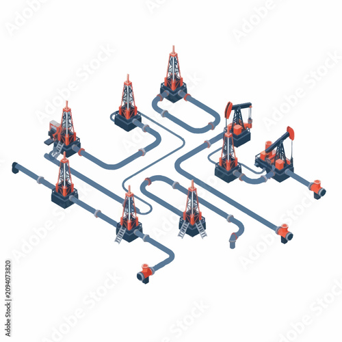 Isometric illustration of oil drilling rigs and pipelines.
