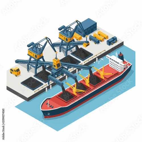 Fotografie Isometric view of a busy shipping port with cranes and cargo ship