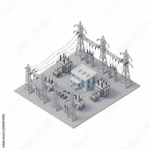Modern electrical substation with power lines and transformers.
