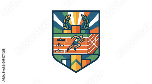 Colorful heraldic shield with sports and academic symbols.