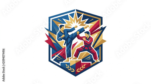 Colorful Hexagonal Emblem with Dynamic Superhero Design.