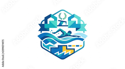 Colorful hexagonal swimming and water sports emblem design.