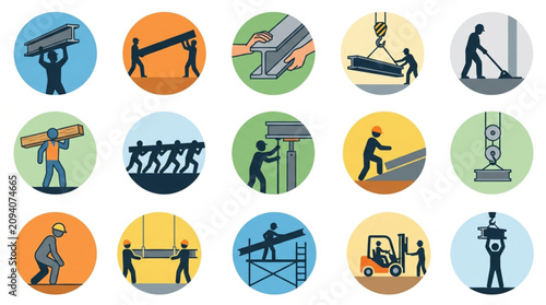 Colorful icons of construction workers and equipment.